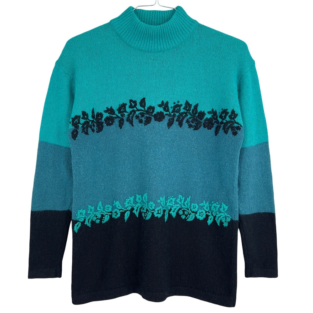 Segue Womens Silk Angora Sweater Teal Colorblock Floral Embroidery Vintage 90s S